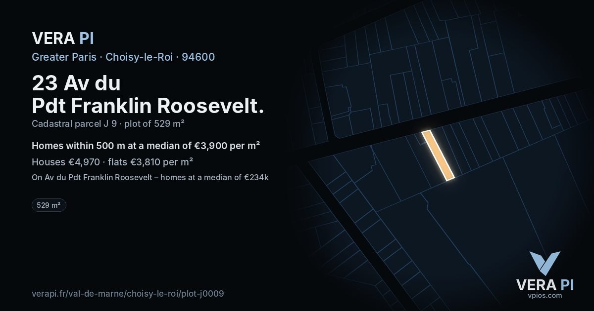 23 Av du Pdt Franklin Roosevelt, Choisy-le-Roi at night – the plot lit, the parcels around coloured by the prices near them