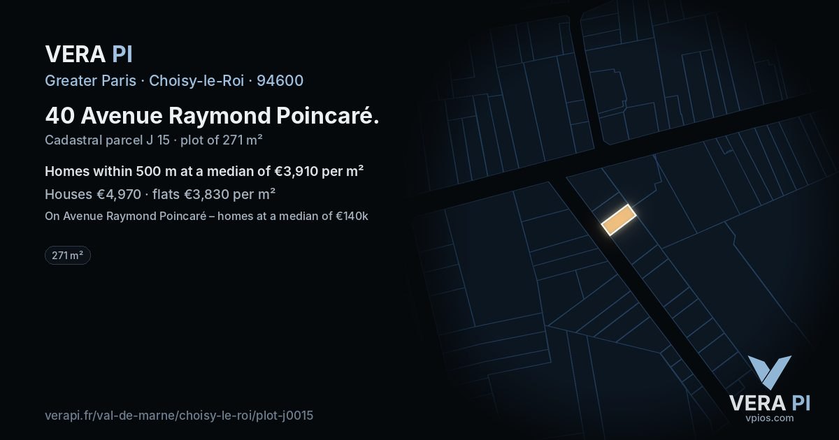 40 Avenue Raymond Poincaré, Choisy-le-Roi at night – the plot lit, the parcels around coloured by the prices near them