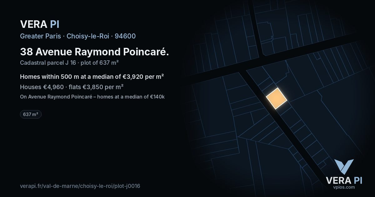 38 Avenue Raymond Poincaré, Choisy-le-Roi at night – the plot lit, the parcels around coloured by the prices near them