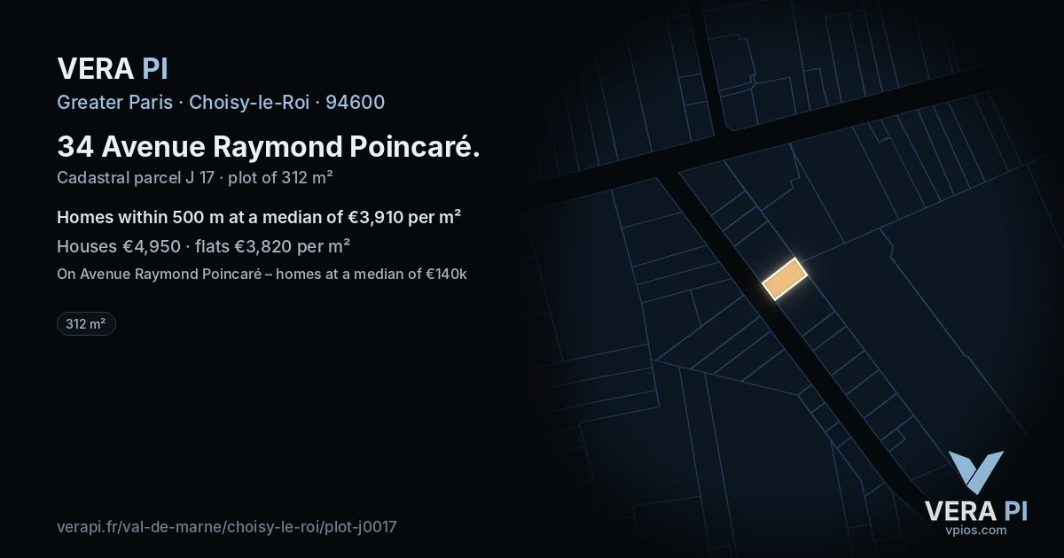 34 Avenue Raymond Poincaré, Choisy-le-Roi at night – the plot lit, the parcels around coloured by the prices near them
