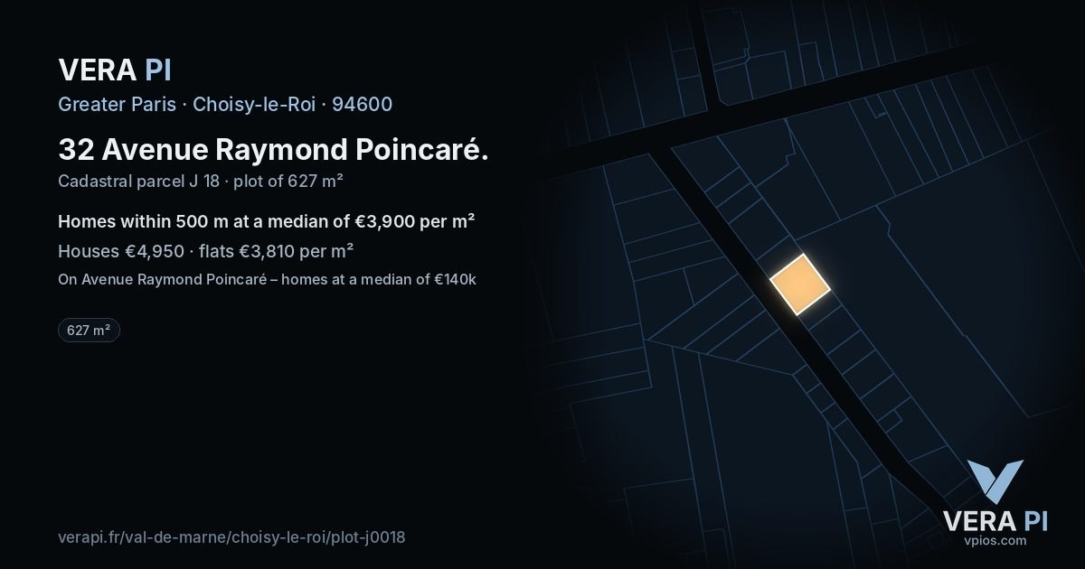 32 Avenue Raymond Poincaré, Choisy-le-Roi at night – the plot lit, the parcels around coloured by the prices near them