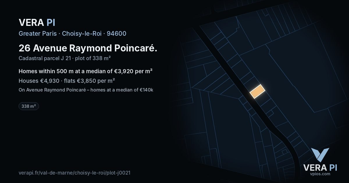 26 Avenue Raymond Poincaré, Choisy-le-Roi at night – the plot lit, the parcels around coloured by the prices near them