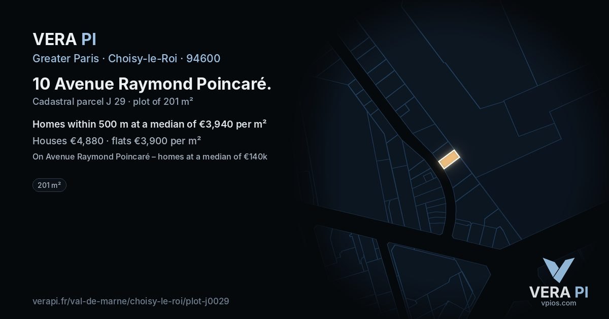 10 Avenue Raymond Poincaré, Choisy-le-Roi at night – the plot lit, the parcels around coloured by the prices near them