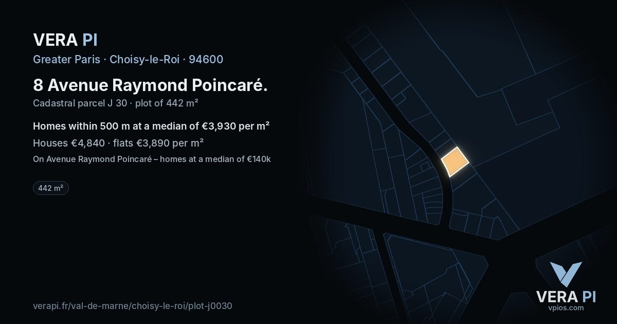 8 Avenue Raymond Poincaré, Choisy-le-Roi at night – the plot lit, the parcels around coloured by the prices near them