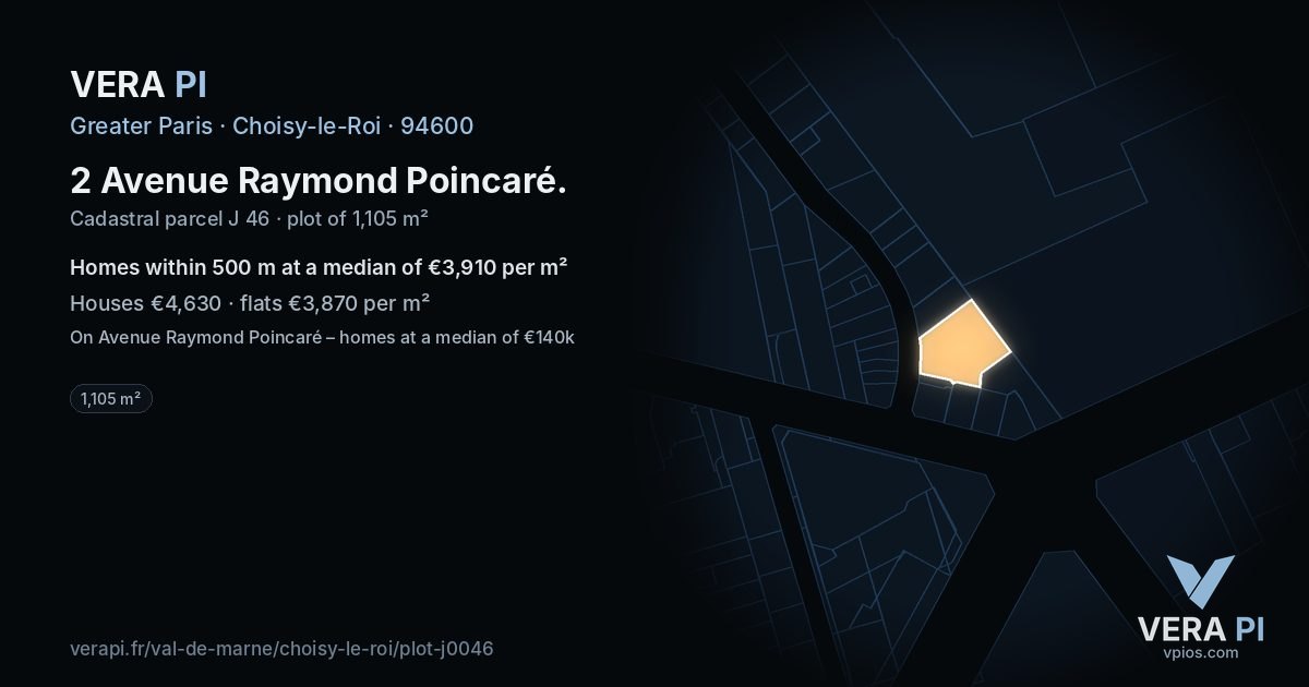 2 Avenue Raymond Poincaré, Choisy-le-Roi at night – the plot lit, the parcels around coloured by the prices near them