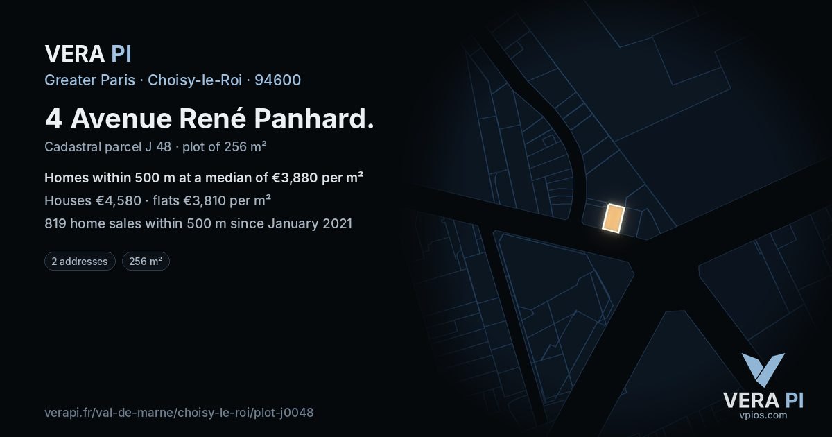 4 Avenue René Panhard, Choisy-le-Roi at night – the plot lit, the parcels around coloured by the prices near them