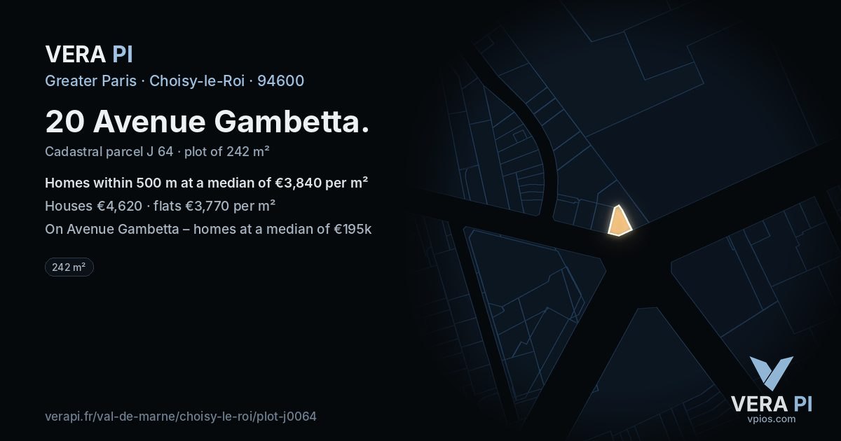 20 Avenue Gambetta, Choisy-le-Roi at night – the plot lit, the parcels around coloured by the prices near them