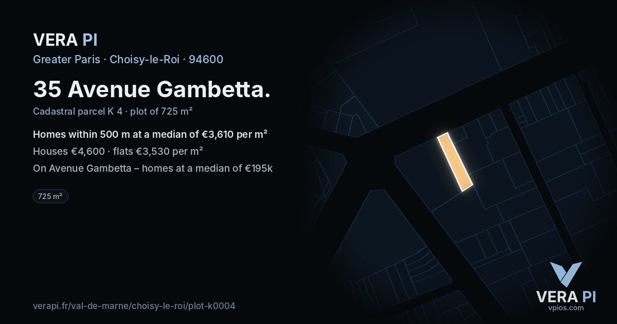 35 Avenue Gambetta, Choisy-le-Roi at night – the plot lit, the parcels around coloured by the prices near them