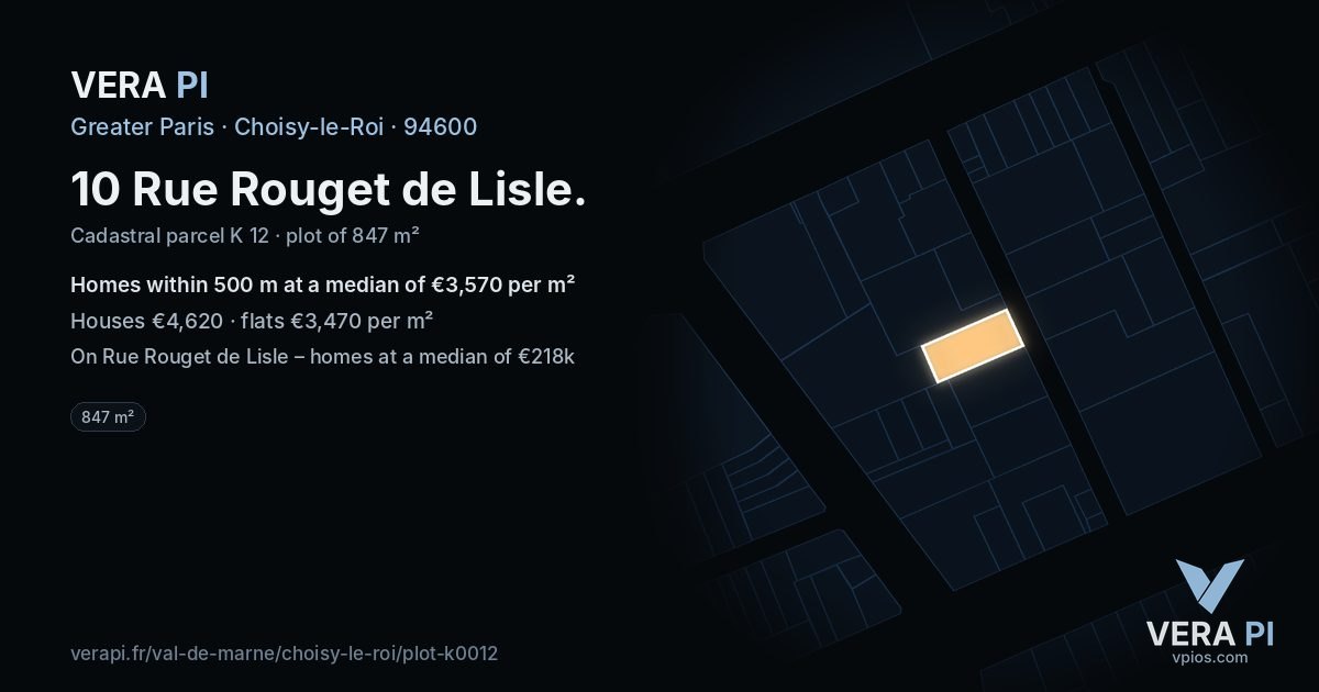 10 Rue Rouget de Lisle, Choisy-le-Roi at night – the plot lit, the parcels around coloured by the prices near them