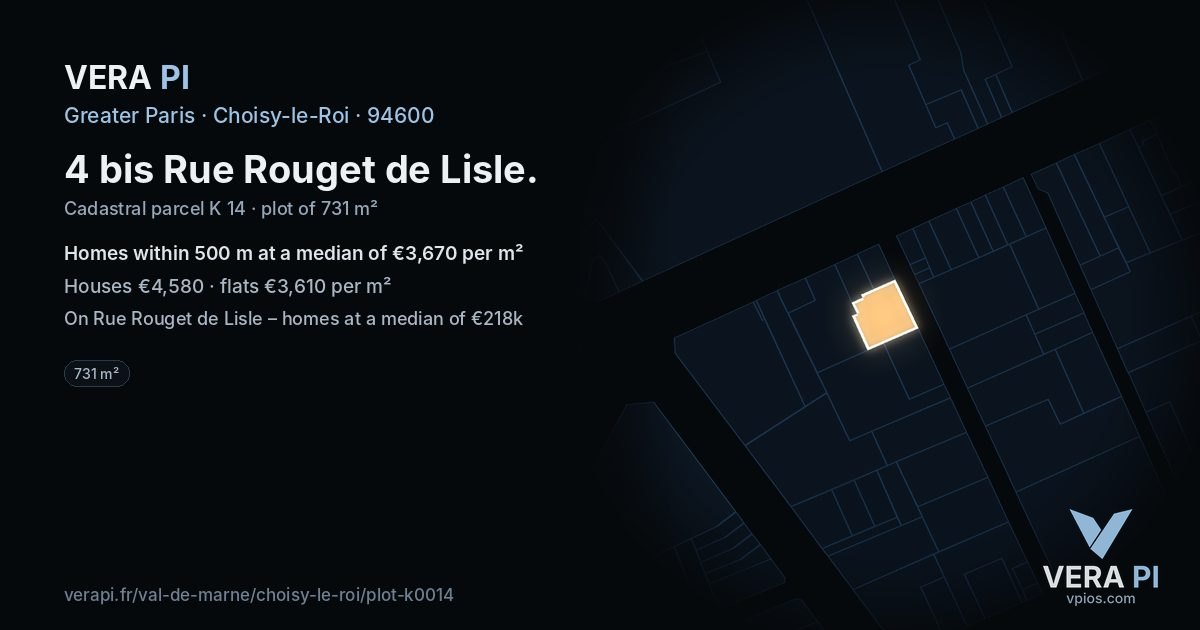 4 bis Rue Rouget de Lisle, Choisy-le-Roi at night – the plot lit, the parcels around coloured by the prices near them