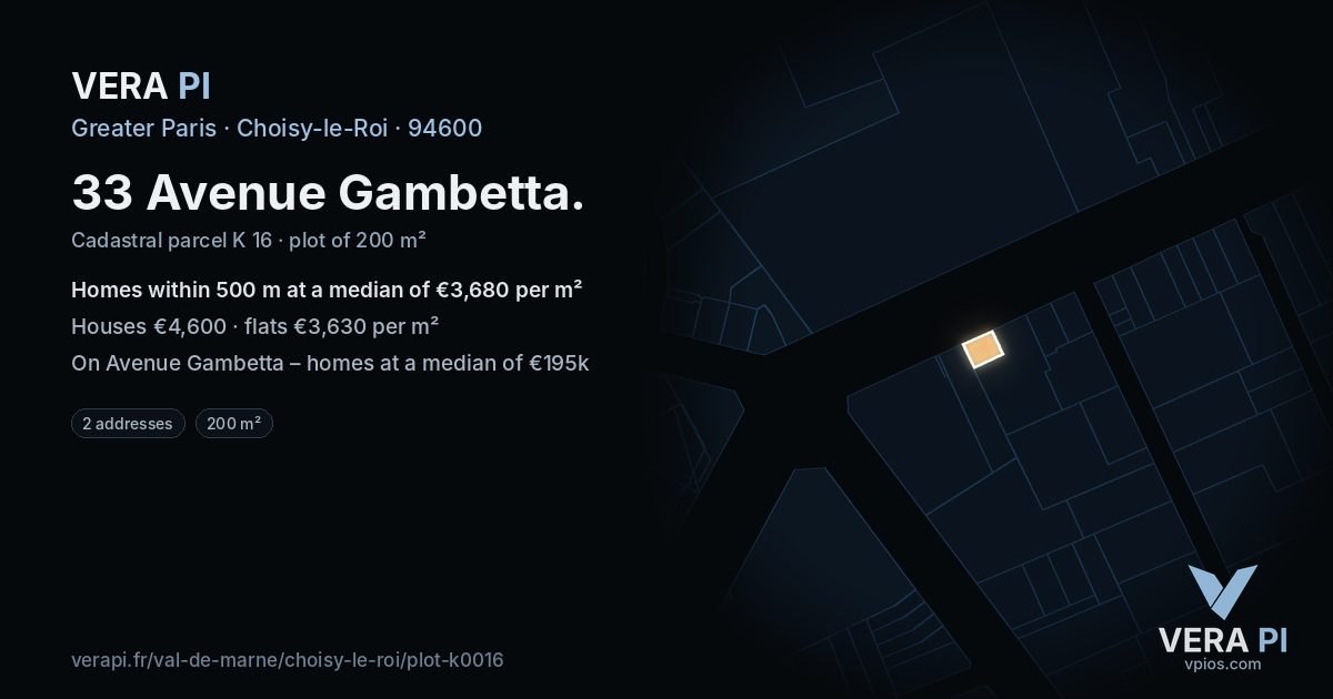 33 Avenue Gambetta, Choisy-le-Roi at night – the plot lit, the parcels around coloured by the prices near them