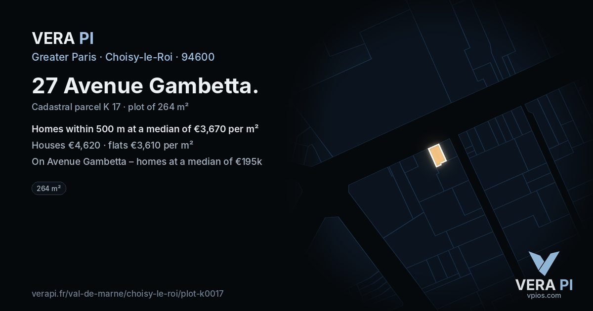 27 Avenue Gambetta, Choisy-le-Roi at night – the plot lit, the parcels around coloured by the prices near them