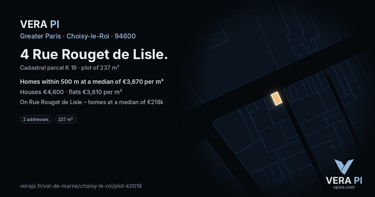 4 Rue Rouget de Lisle, Choisy-le-Roi at night – the plot lit, the parcels around coloured by the prices near them