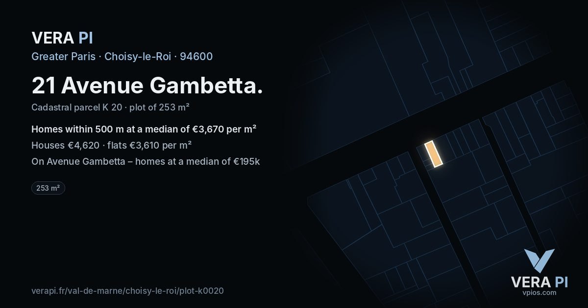 21 Avenue Gambetta, Choisy-le-Roi at night – the plot lit, the parcels around coloured by the prices near them
