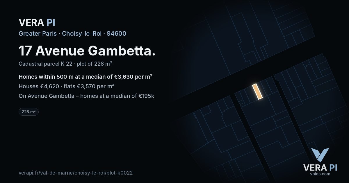17 Avenue Gambetta, Choisy-le-Roi at night – the plot lit, the parcels around coloured by the prices near them