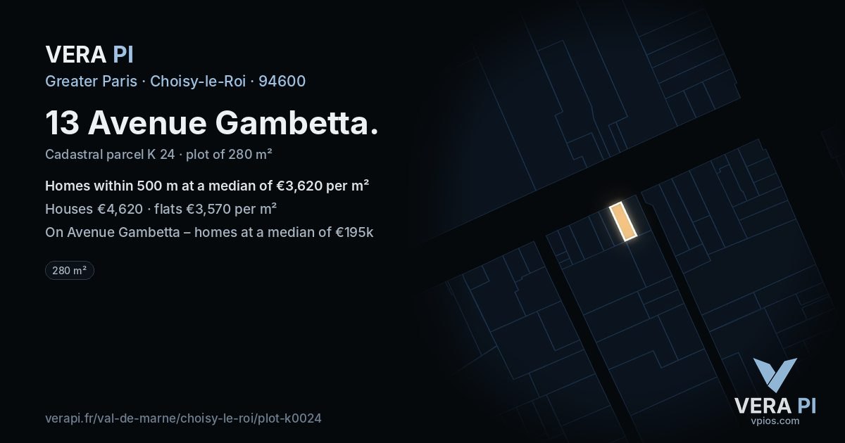 13 Avenue Gambetta, Choisy-le-Roi at night – the plot lit, the parcels around coloured by the prices near them