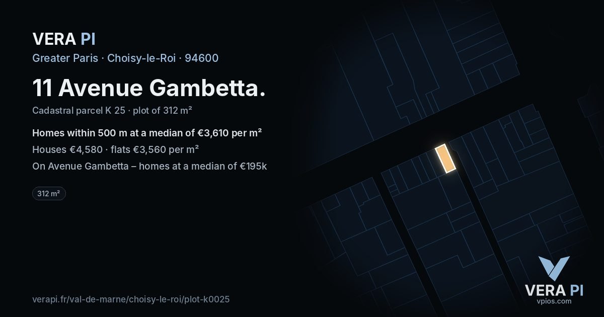 11 Avenue Gambetta, Choisy-le-Roi at night – the plot lit, the parcels around coloured by the prices near them