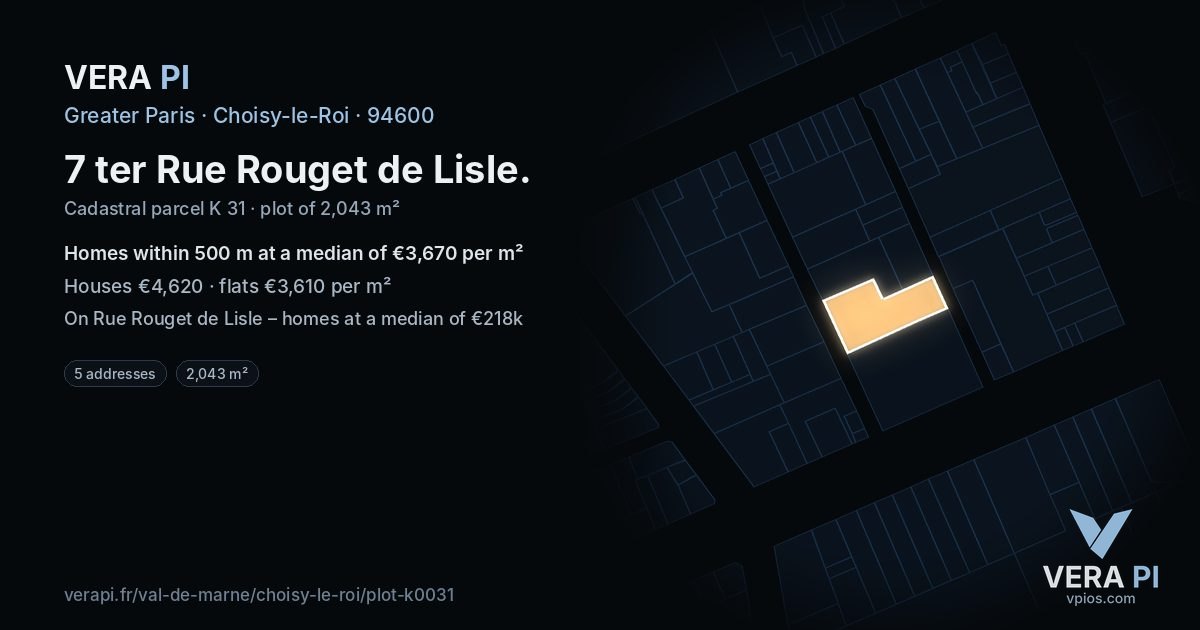 7 ter Rue Rouget de Lisle, Choisy-le-Roi at night – the plot lit, the parcels around coloured by the prices near them