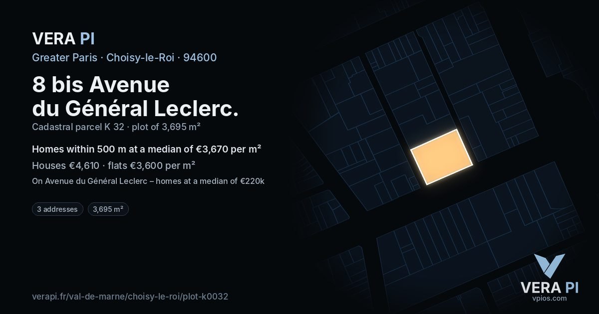 8 bis Avenue du Général Leclerc, Choisy-le-Roi at night – the plot lit, the parcels around coloured by the prices near them