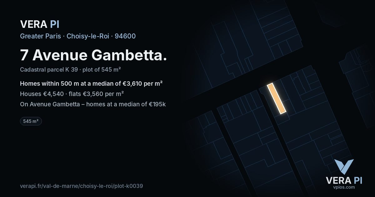 7 Avenue Gambetta, Choisy-le-Roi at night – the plot lit, the parcels around coloured by the prices near them