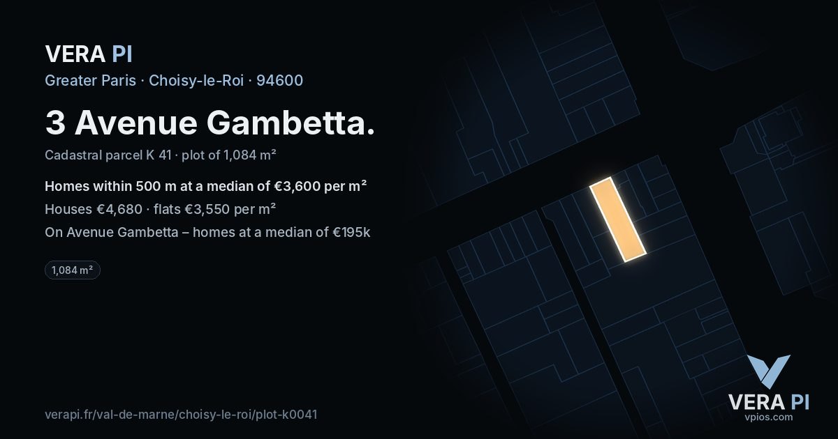 3 Avenue Gambetta, Choisy-le-Roi at night – the plot lit, the parcels around coloured by the prices near them