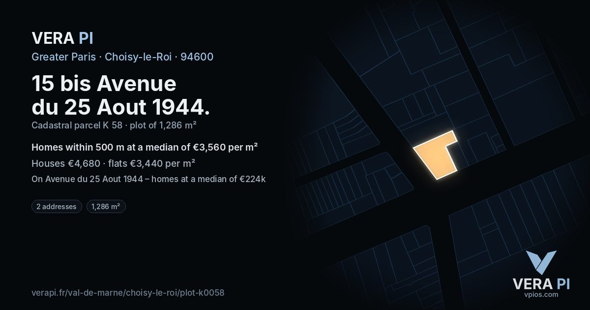 15 bis Avenue du 25 Aout 1944, Choisy-le-Roi at night – the plot lit, the parcels around coloured by the prices near them