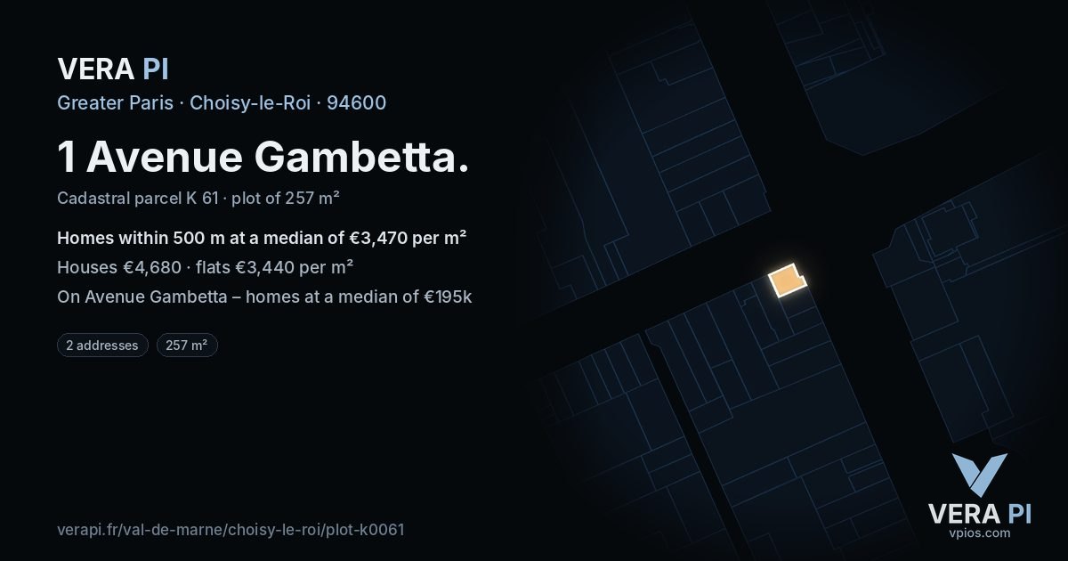 1 Avenue Gambetta, Choisy-le-Roi at night – the plot lit, the parcels around coloured by the prices near them