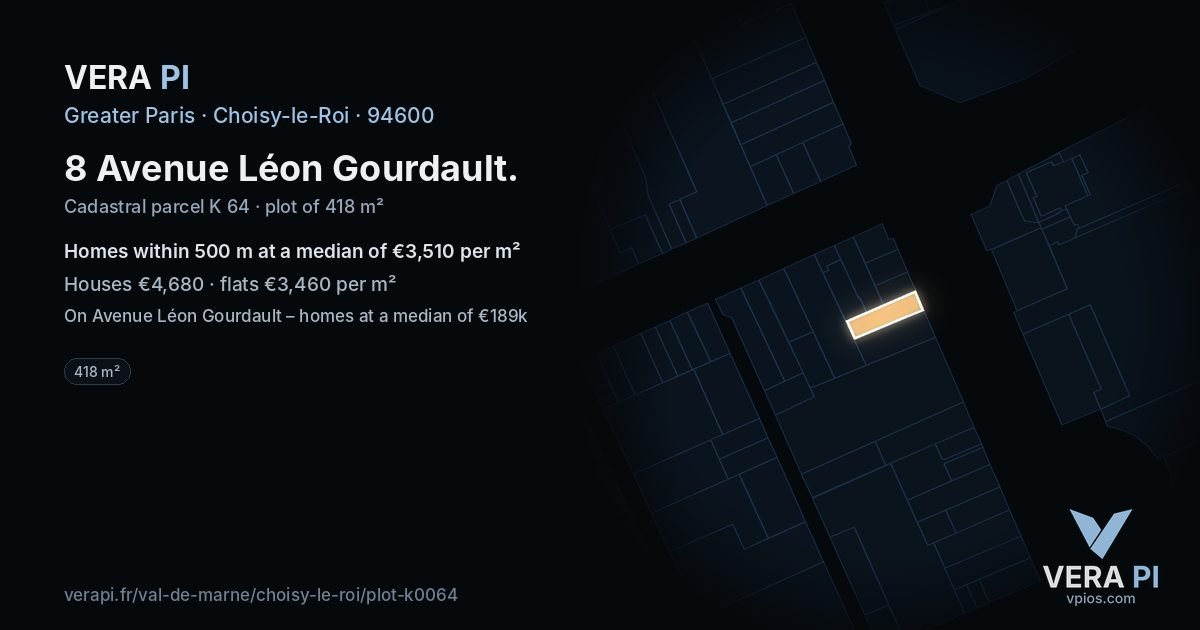 8 Avenue Léon Gourdault, Choisy-le-Roi at night – the plot lit, the parcels around coloured by the prices near them