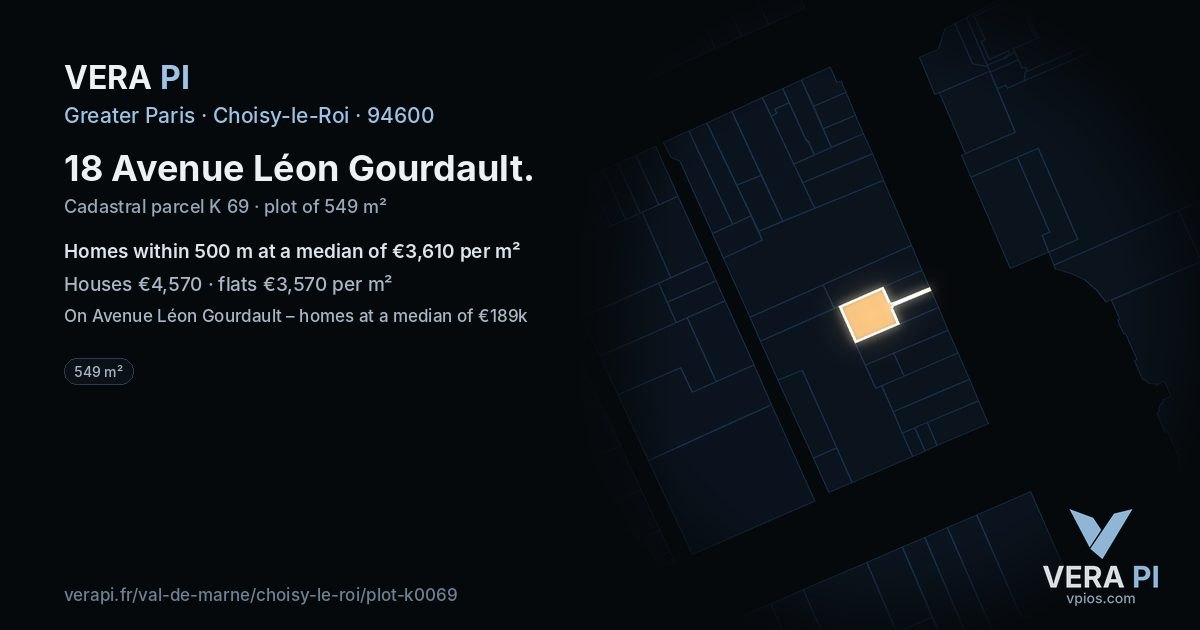 18 Avenue Léon Gourdault, Choisy-le-Roi at night – the plot lit, the parcels around coloured by the prices near them