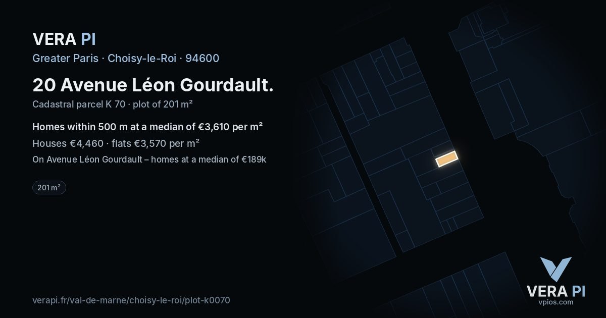 20 Avenue Léon Gourdault, Choisy-le-Roi at night – the plot lit, the parcels around coloured by the prices near them