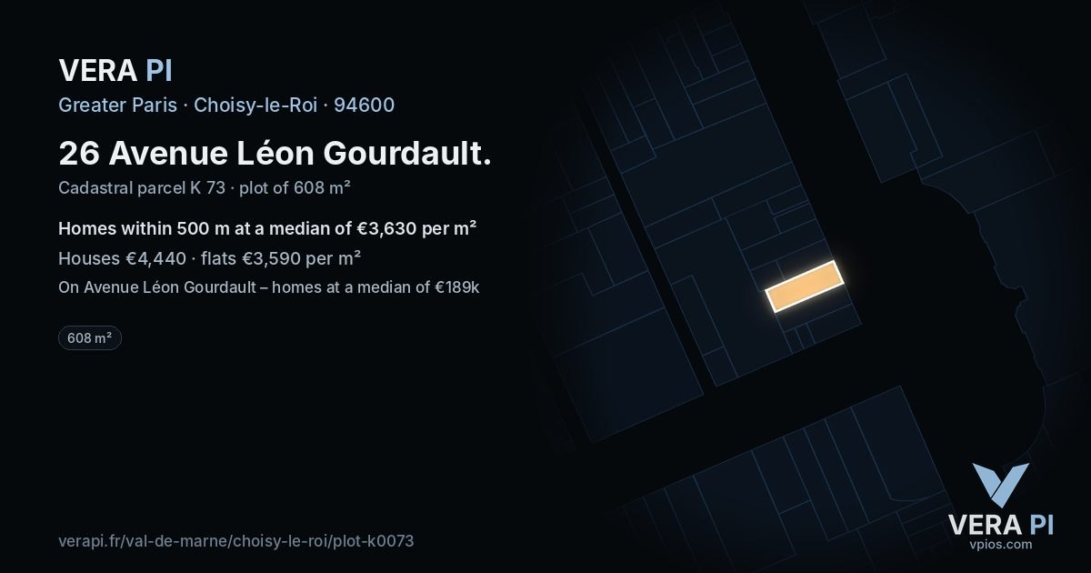 26 Avenue Léon Gourdault, Choisy-le-Roi at night – the plot lit, the parcels around coloured by the prices near them
