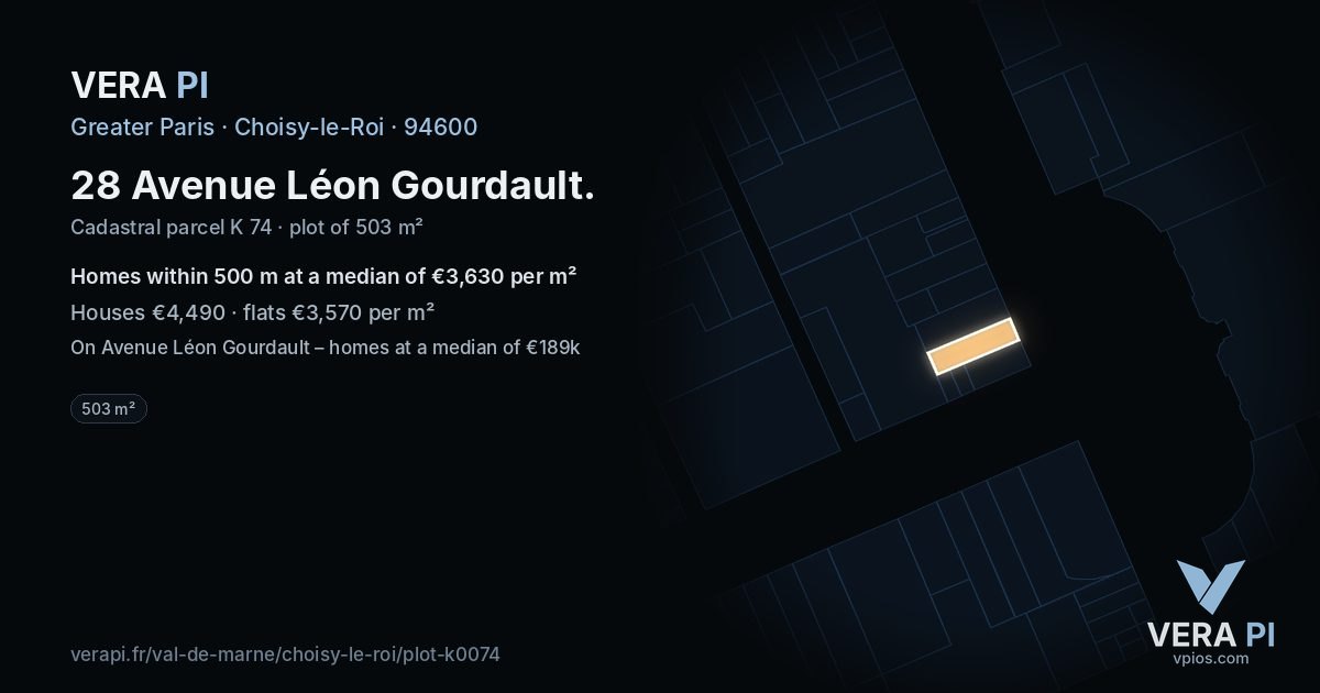 28 Avenue Léon Gourdault, Choisy-le-Roi at night – the plot lit, the parcels around coloured by the prices near them