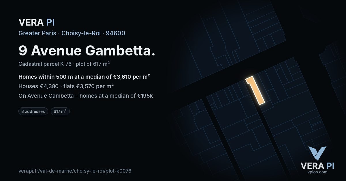 9 Avenue Gambetta, Choisy-le-Roi at night – the plot lit, the parcels around coloured by the prices near them