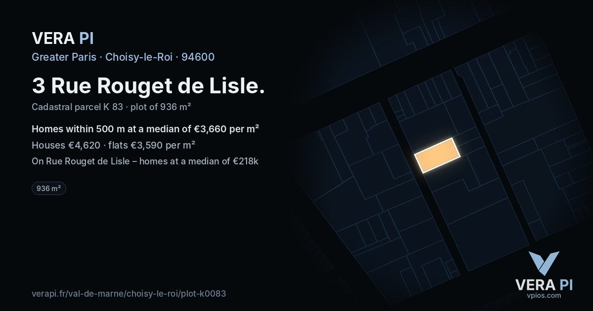 3 Rue Rouget de Lisle, Choisy-le-Roi at night – the plot lit, the parcels around coloured by the prices near them