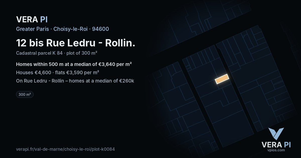 12 bis Rue Ledru - Rollin, Choisy-le-Roi at night – the plot lit, the parcels around coloured by the prices near them