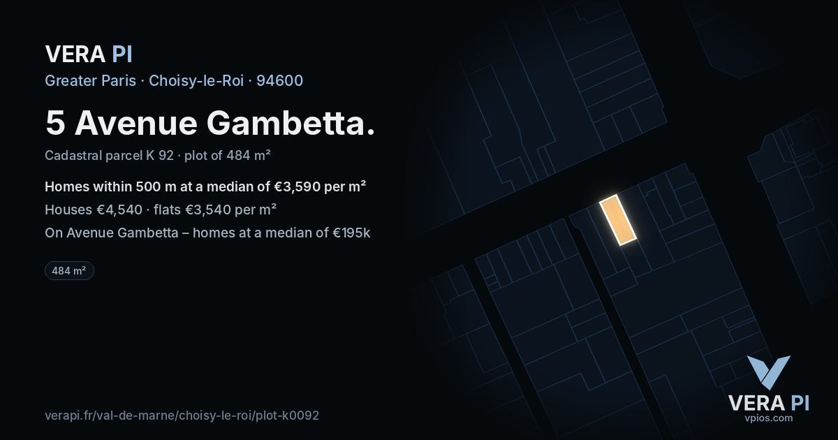5 Avenue Gambetta, Choisy-le-Roi at night – the plot lit, the parcels around coloured by the prices near them