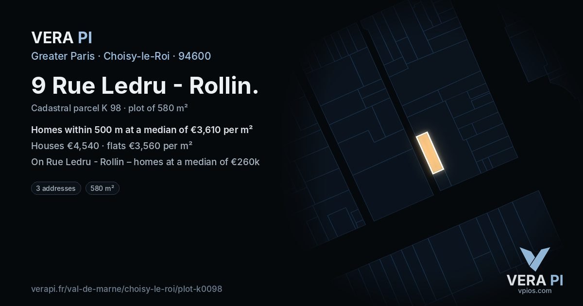 9 Rue Ledru - Rollin, Choisy-le-Roi at night – the plot lit, the parcels around coloured by the prices near them