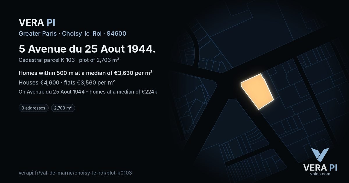 5 Avenue du 25 Aout 1944, Choisy-le-Roi at night – the plot lit, the parcels around coloured by the prices near them