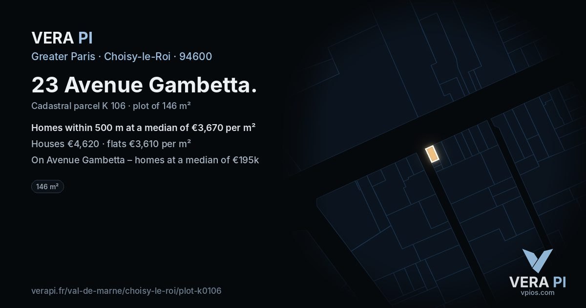 23 Avenue Gambetta, Choisy-le-Roi at night – the plot lit, the parcels around coloured by the prices near them