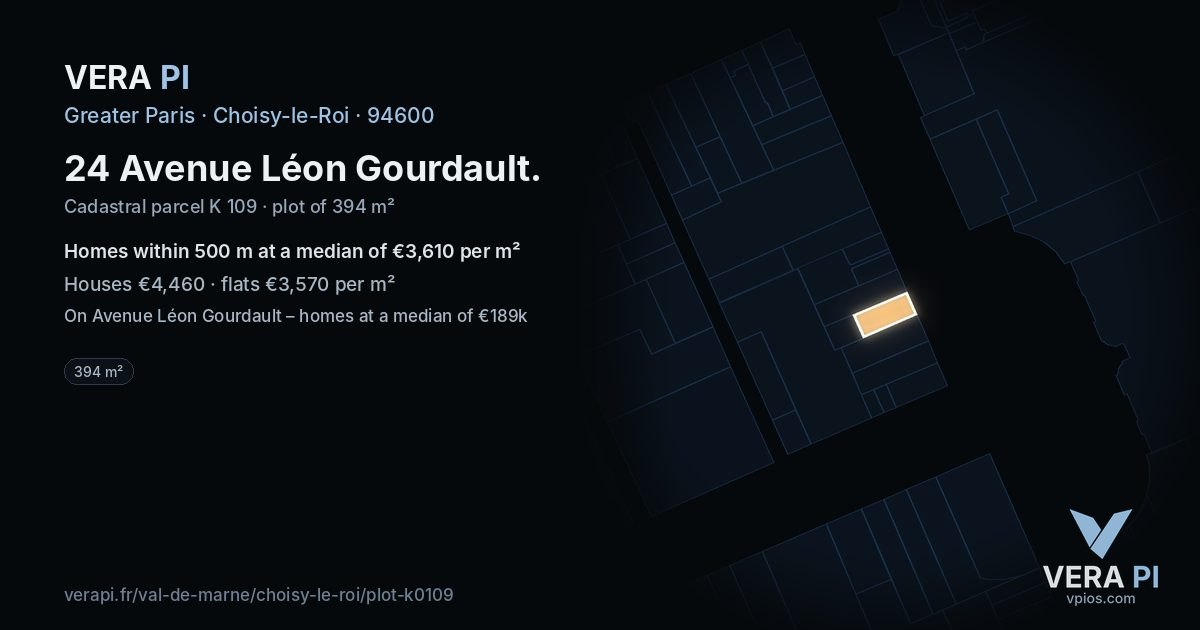 24 Avenue Léon Gourdault, Choisy-le-Roi at night – the plot lit, the parcels around coloured by the prices near them