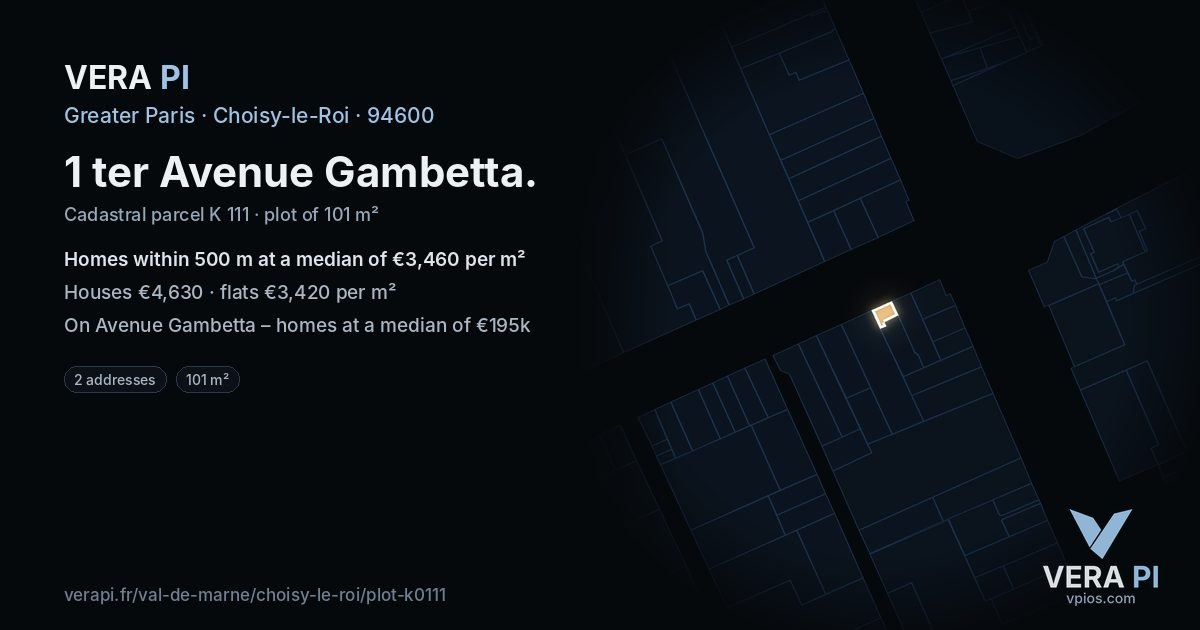 1 ter Avenue Gambetta, Choisy-le-Roi at night – the plot lit, the parcels around coloured by the prices near them