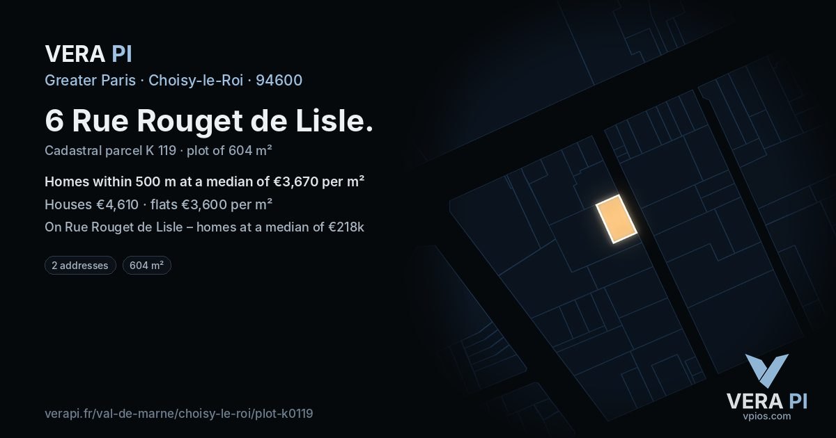 6 Rue Rouget de Lisle, Choisy-le-Roi at night – the plot lit, the parcels around coloured by the prices near them