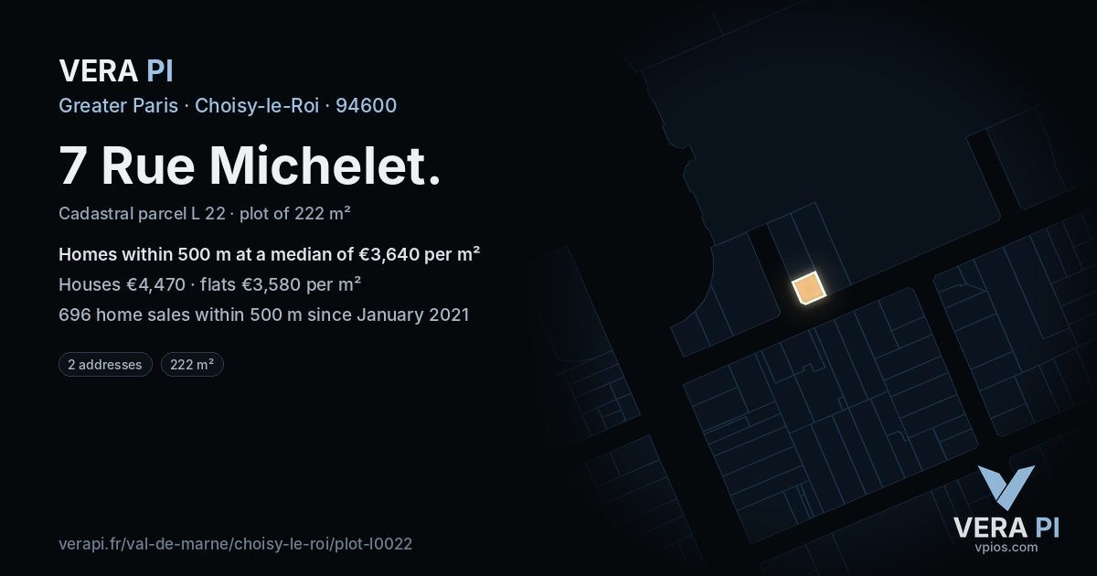 7 Rue Michelet, Choisy-le-Roi at night – the plot lit, the parcels around coloured by the prices near them