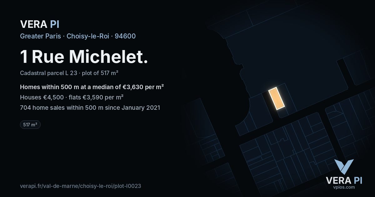 1 Rue Michelet, Choisy-le-Roi at night – the plot lit, the parcels around coloured by the prices near them