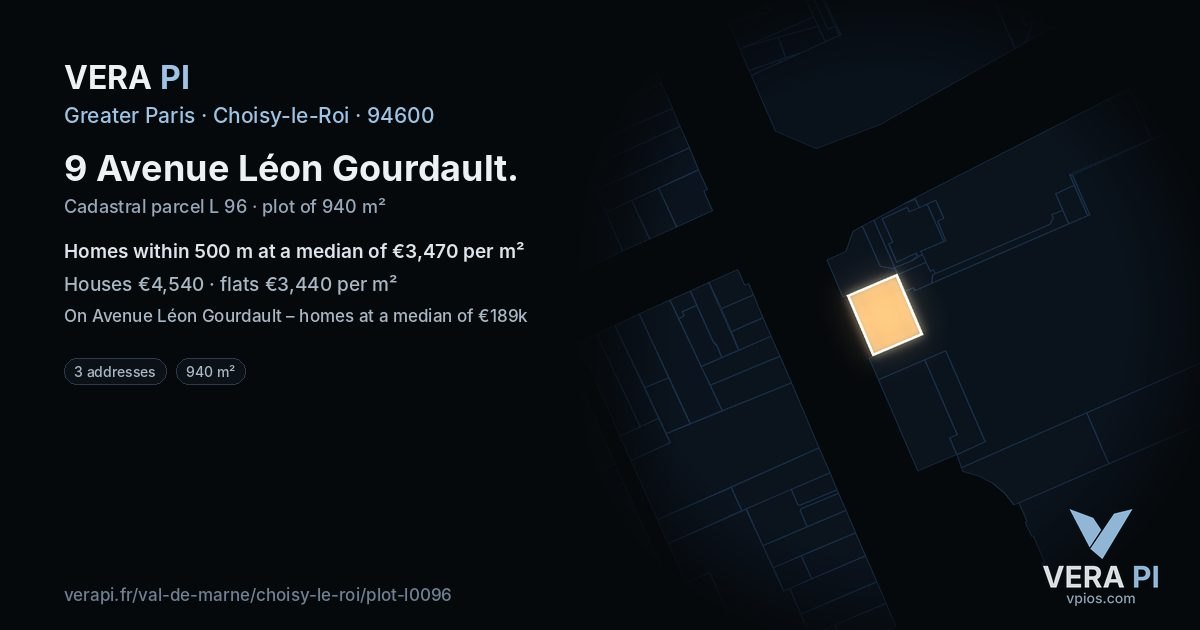 9 Avenue Léon Gourdault, Choisy-le-Roi at night – the plot lit, the parcels around coloured by the prices near them