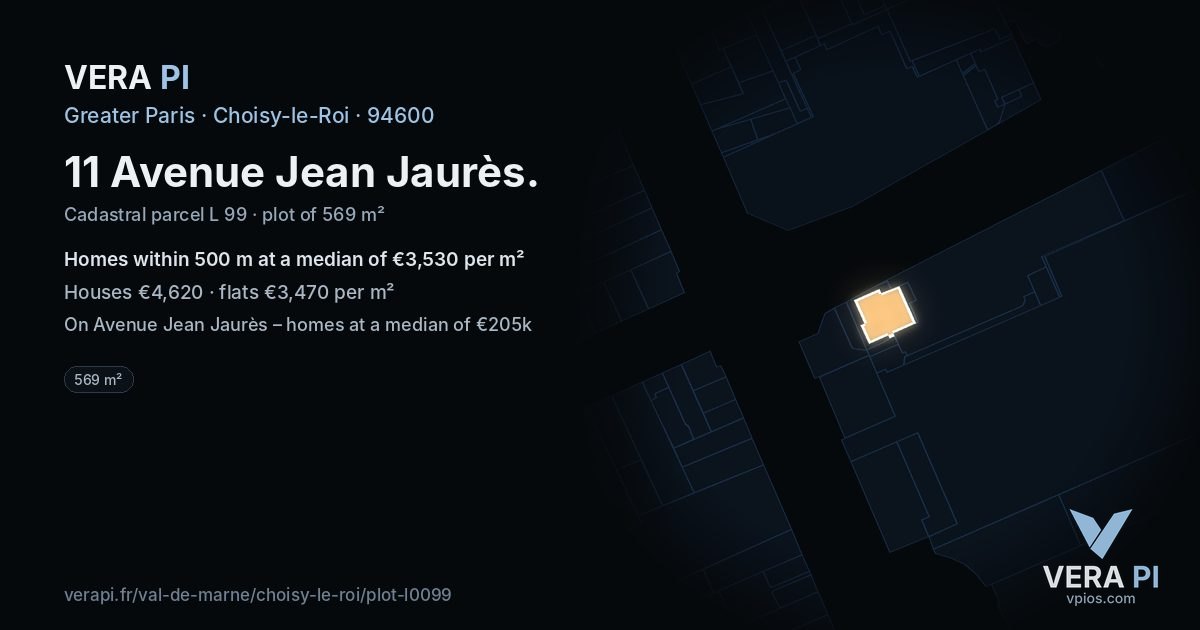 11 Avenue Jean Jaurès, Choisy-le-Roi at night – the plot lit, the parcels around coloured by the prices near them