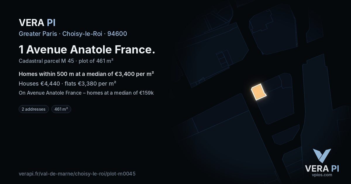 1 Avenue Anatole France, Choisy-le-Roi at night – the plot lit, the parcels around coloured by the prices near them