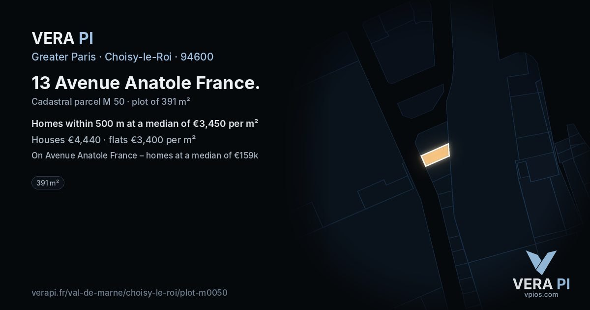 13 Avenue Anatole France, Choisy-le-Roi at night – the plot lit, the parcels around coloured by the prices near them