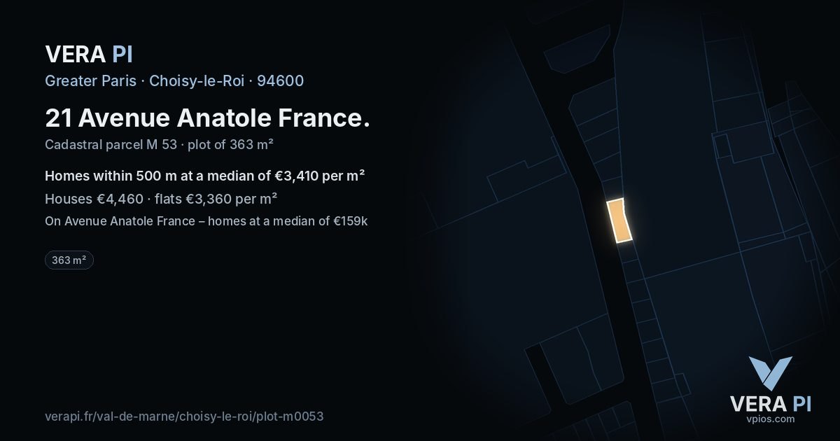 21 Avenue Anatole France, Choisy-le-Roi at night – the plot lit, the parcels around coloured by the prices near them