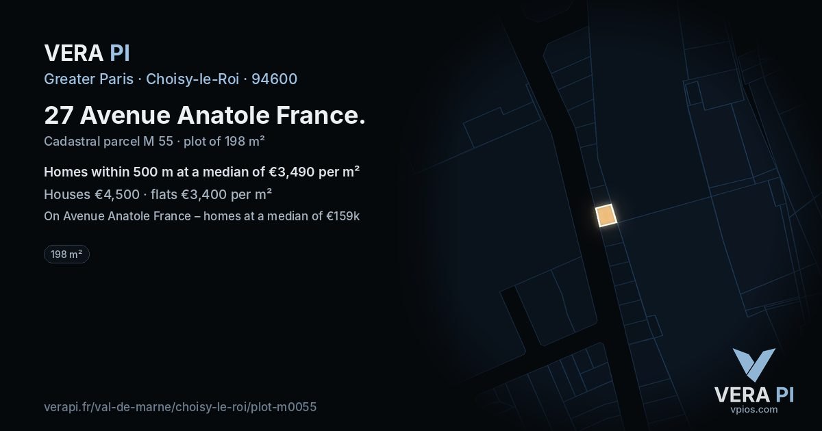 27 Avenue Anatole France, Choisy-le-Roi at night – the plot lit, the parcels around coloured by the prices near them
